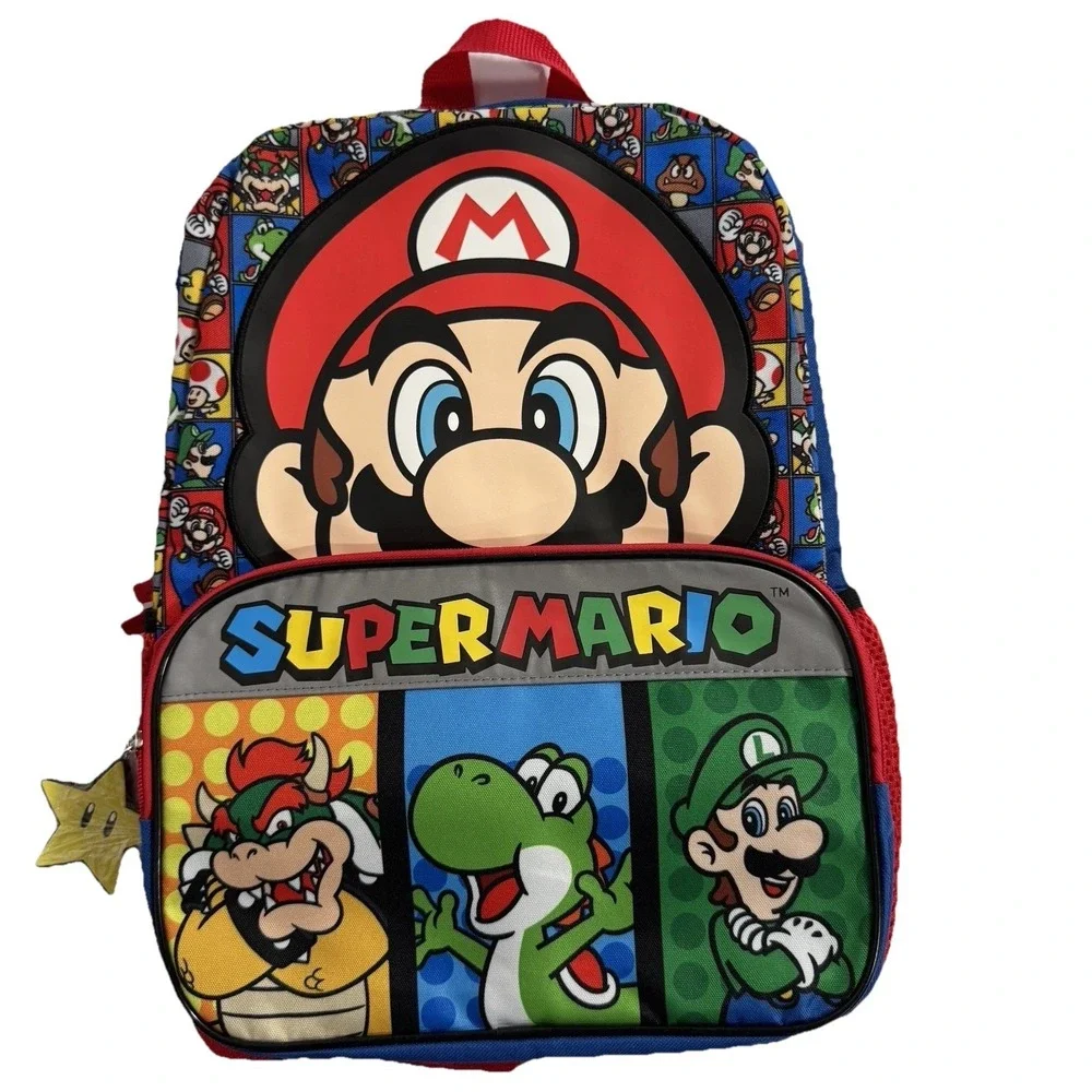 Super Mario Bros Backpack NWT Kid School 16" Bowser Yoshi Toad Star Charm Galaxy - Picture 1 of 6